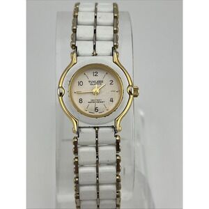 Vintage Tunless Watch Women‎ 24mm Case 7.25" White Band- New Battery